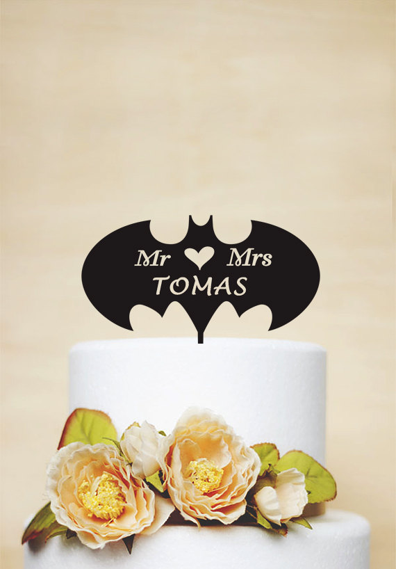 Wedding - Mr and Mrs Cake Topper With Surname - Acrylic Wedding Topper - Personalized Wedding Cake Topper - Batman Silhouette - Wedding Decoration 054
