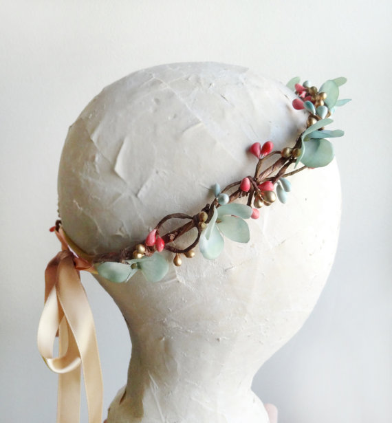 زفاف - mint headband, coral flower crown, mint bridal hair piece, flower girl halo, mint hair accessory, bridal floral crown, mint and gold wedding