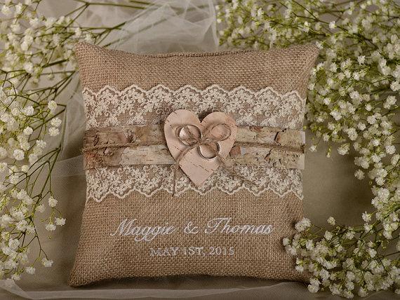 Hochzeit - Lace Rustic Wedding Pillow, Birch Bark  Ring Bearer Pillow , Burlap Ring Pillow ,Embroidery Names, shabby chic natural linen