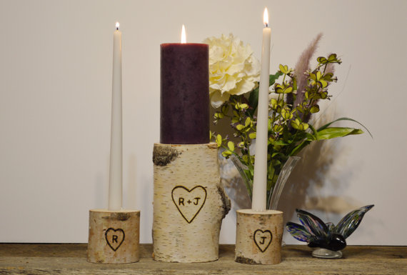 Свадьба - Birch Unity Candle Holder Set with Personalized Bride & Groom Initials -  Wedding Ceremony Unity