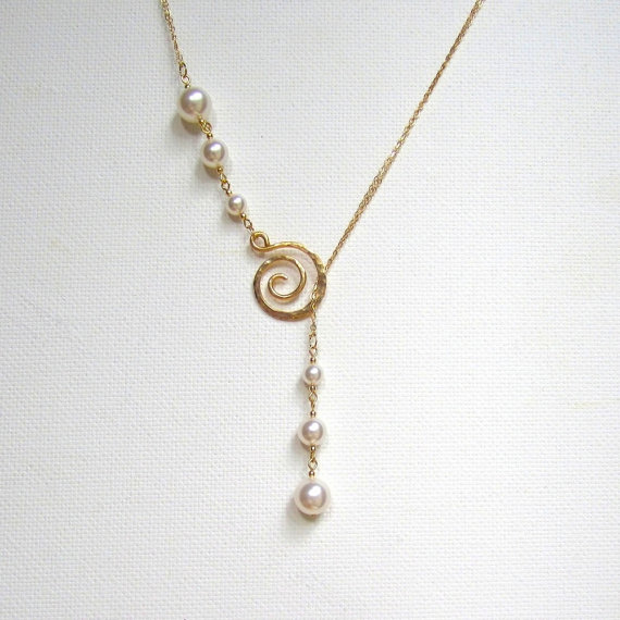 Mariage - Gold Filled Necklace -  Lariat Necklace -  Pearl Necklace -  Pearl Drop Necklace -  Hammered Swirl Necklace -  Bridal Necklace - For Her