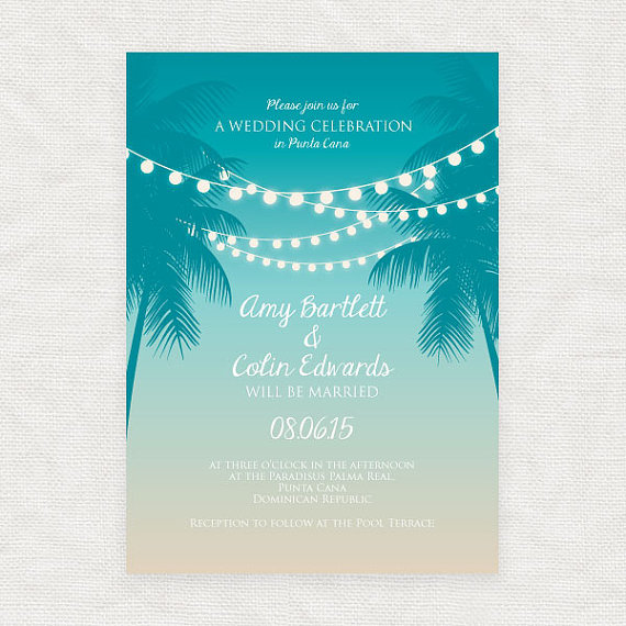 Mariage - tropical printable wedding invitation digital file beach fairy lights sunset palm tree nights modern diy stationery turquoise destination