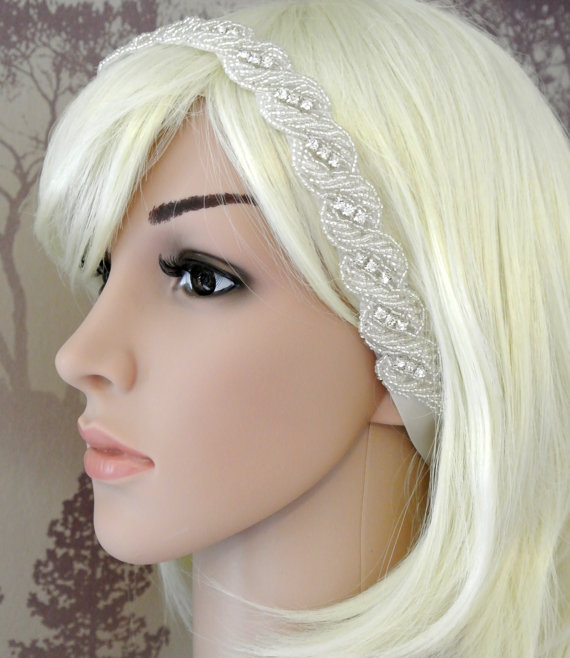 Wedding - Wedding Headband  Wedding Hair Piece Bridal Headpiece Bridal Hair Piece  Rhinestone Ribbon Tie On  Bridal Crystal Headband