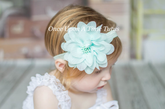 Hochzeit - Mint Flower Puff Headband - Newborn Baby Hairbow - Little Girls Hair Bow - Spring Summer Easter Accessories - Simple Casual Hair Piece