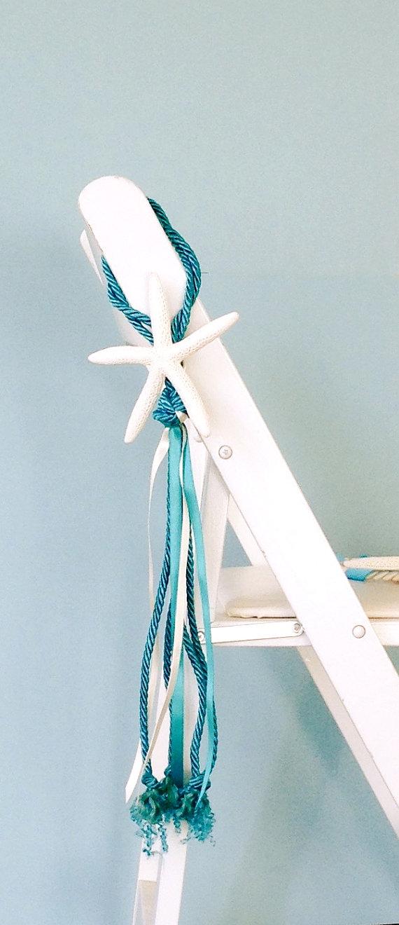 Свадьба - Beach Wedding - Starfish Chair Decoration with Cording and Ribbon - Choose Navy Blue, Turquoise or Sea Blue