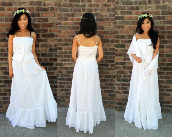 Свадьба - 1970s 3 Peice White Boho Casual Wedding Dress - Hippie, Picnic, Bohemian, Fiesta - Small