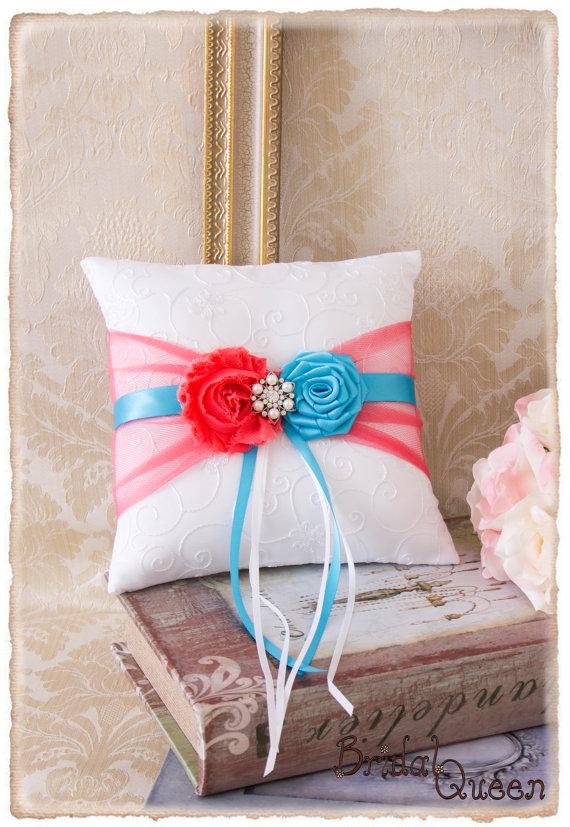 Hochzeit - Ring Bearer Pillow, Wedding Ring Bearer Pillow, Turquoise and Pink Coral Ring Bearer Pillow, Wedding Accessories, Custom Color