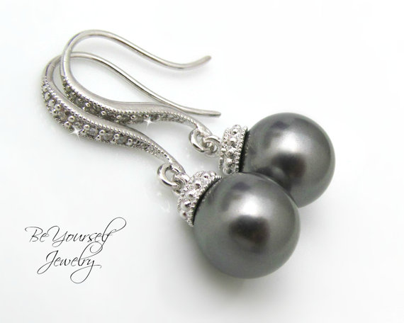 Hochzeit - Pearl Bridal Earrings Cubic Zirconia Earrings Swarovski Dark Grey Pearls Wedding Jewelry Bridesmaid Gift Pearl Jewelry Charcoal Pearls