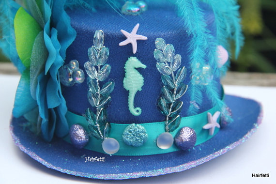 زفاف - Cobalt Seahorse mini top hat, mermaid headband, Mardi Gras headpiece, ocean fascinator, blue turquoise purple dance costume