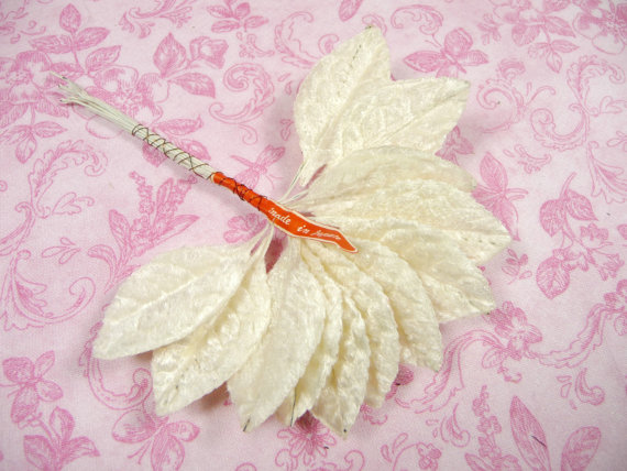 Wedding - Vintage Velvet Ivory Leaves Vintage Millinery from Japan Off White Bunch of Twelve Small Size for Weddings Crafts Hats Scrapbooking