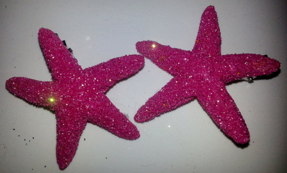 Mariage - Starfish, ocean, Beach wedding,Pink, Pink glitter, bridal, starfish barrette, starfish hair clip, fish, ocean clip,beach, mermaid