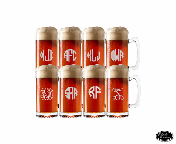 Wedding - EIGHT Personalized Etched Beer Glasses, SHIPS FAST, Custom Monogram Beer Mugs, Engraved Monogram Beer Glasses, Groomsmen Gift, Wedding Favor
