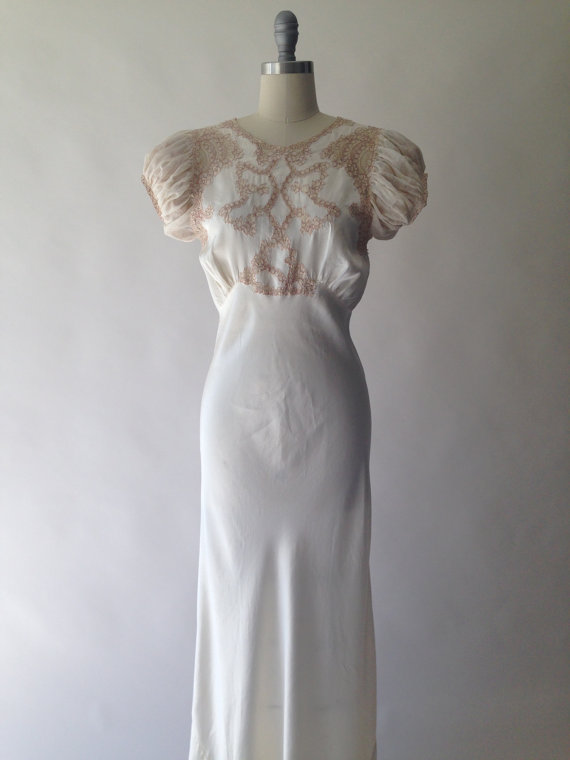 Wedding - 30s ivory silk and lace bias cut nightgown with chiffon puff sleeves / S / M