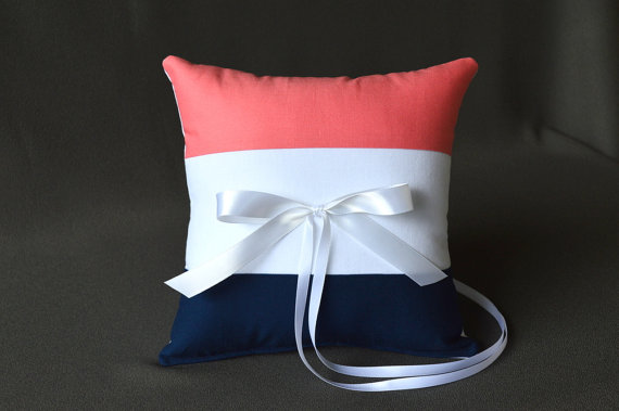 Hochzeit - Color Block Wedding Ring Pillow, YOU CHOOSE the colors, shown in white navy and coral