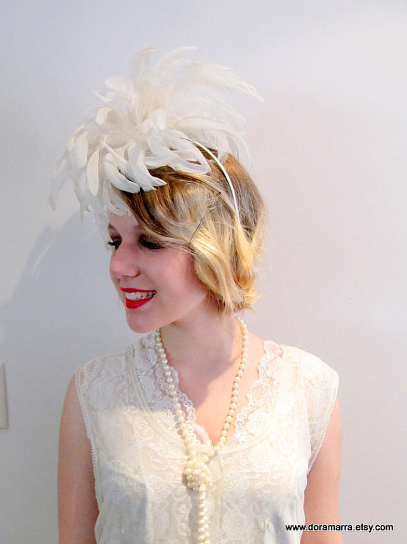 Hochzeit - Diner en Blanc-Feather Fascinator- Feather Headpiece- Bridal - 1920s Headdress-  white fascinator -Handmade in USA-