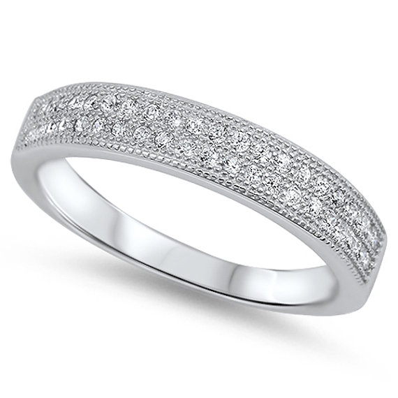 زفاف - 0.30 Carat Round Pave Double Row Clear Crystal Russian Ice Diamond CZ Solid 925 Sterling Silver Matching Wedding Engagement Band Ring