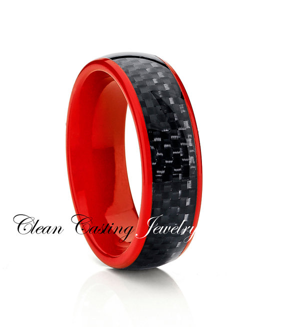 Свадьба - Titanium Wedding Band,Red Titanium,Titanium Wedding Ring,Engagement Band,Black Carbon Fiber,Anniversary Ring,Classic Dome,8mm