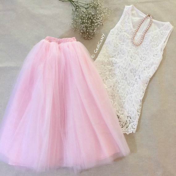 Mariage - Cassie Tulle Skirt in Blush Pink, 7-Layers Very Pale Baby Pink Puffy Princess Tutu, Knee-Length Tutu - Length 23.5"
