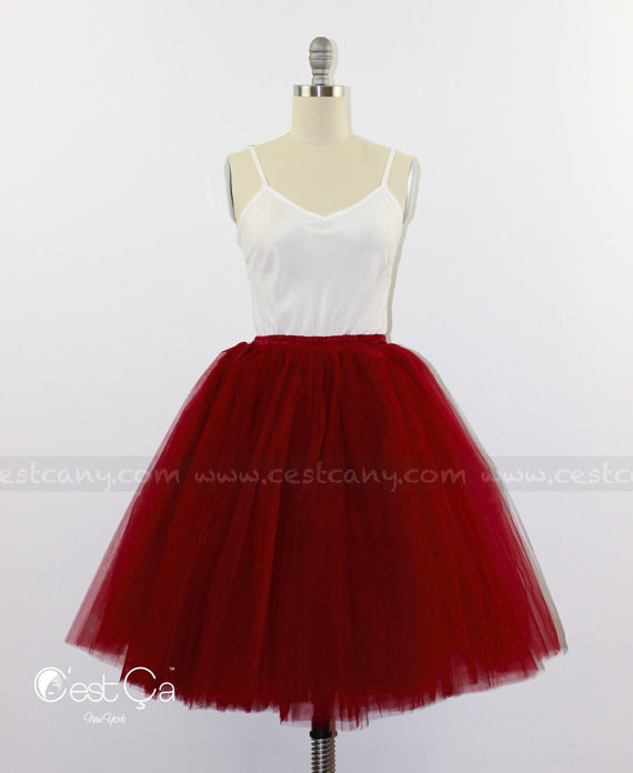 زفاف - Ciara - Tulle Skirt in Burgundy, 6-Layers Puffy Tutu, Wine Red Swiss Tulle Princess Tutu, Knee Length Midi Tutu, Plus Size Tulle Skirt