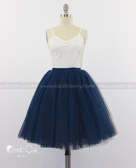 Hochzeit - Ciara Navy Blue Tulle Skirt, 7-Layers Puffy Tutu, Dark Blue Swiss Tulle Princess Tutu, Knee Length Midi Tutu