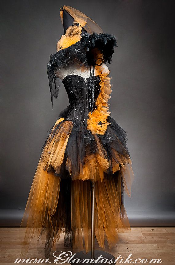 Mariage - Private Listing For Heathergarvey Custom Size Orange And Black Feather Burlesque Corset Witch Costume With Hat