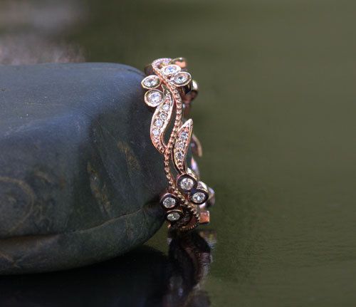 زفاف - Floral MILGRAIN 14k Rose Gold And Diamond Wedding Band Full Eternity Ring (Choose Color And Size Options At Checkout)
