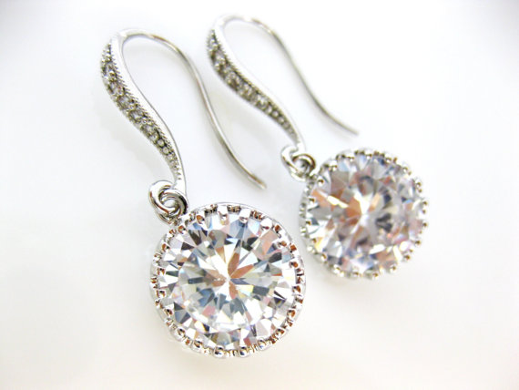 Mariage - Round Clear White Cubic Zirconia Earrings Crystal Earrings Bridal Earrings Wedding Jewelry Bridesmaid Gift Bridal Earrings (E031)