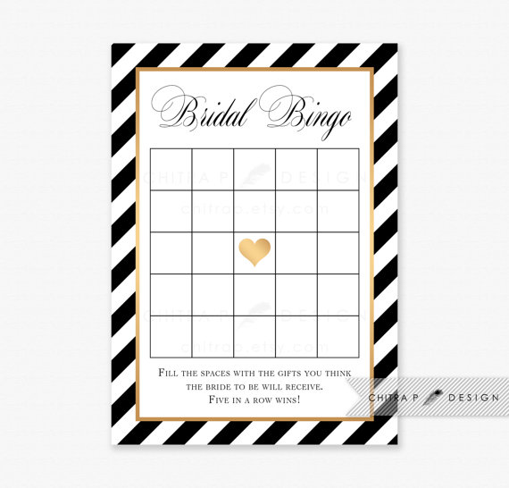 Mariage - Black Gold Striped Bridal Shower Bingo Cards - Printed or Printable, White Game Gatsby Heart Brunch Kate Modern Art Deco Brunch Flapper #044