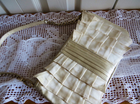 Hochzeit - Vintage Creamy Satin Purse Nine West Gold Clasp Clutch Tote Evening Bag Handbag Women's Wedding Accessories High Fashion