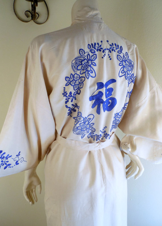 Wedding - Vintage 1940s Raw Silk kimono Belted with  Hand Embroidery