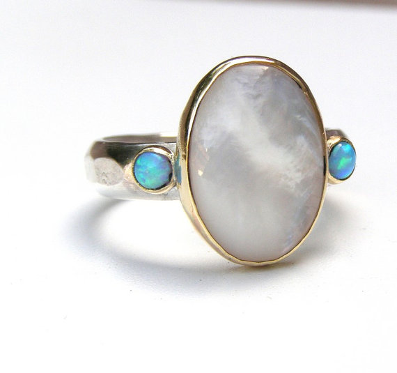 زفاف - Engagement Ring ,Pearl ring, Cocktail, Handmade statement ring - Blue opal Gemstone silver ring  -Silver and gold ring