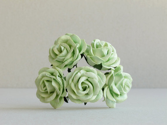 Wedding - 35mm Mint Green Roses - 5 mulberry paper flower with wire stems - Great for wedding decoration and bouquet [165-c]