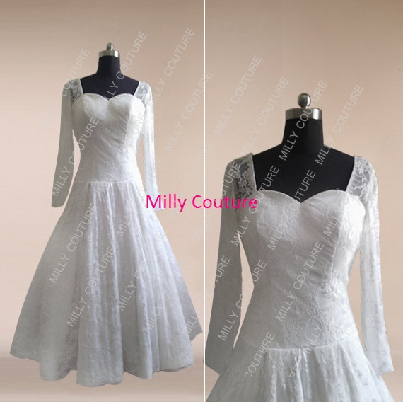 Mariage - wedding dress short long sleeve, wedding dress short lace, bridal dress vintage, shorter lace wedding dress, brautkleid 1950s wedding dress