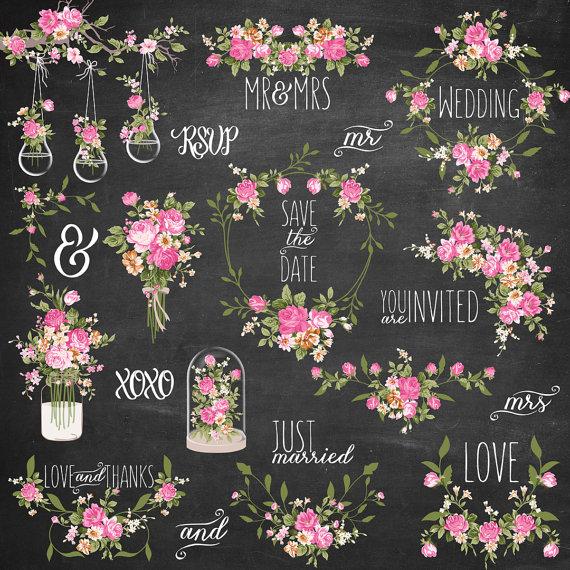 Mariage - Wedding Clipart, Shabby Chic Clipart - tree, hanging bulbs clipart, cloche, wreath, laurels, jar, frames, wedding invitations, save the date