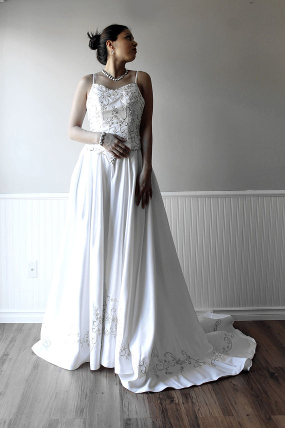 Mariage - CLEARANCE Pure White Satin Wedding Dress Bridal Gown with Hand Beaded Bling and Embroidery Details, Sample sale 80% off