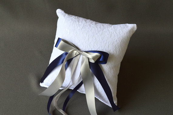 Wedding - White lace wedding ring bearer pillow with navy and silver satin ribbon bows