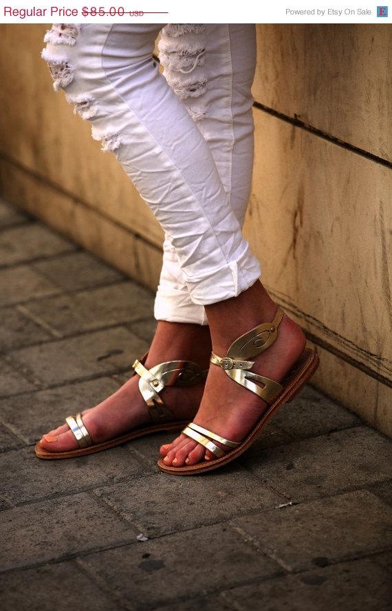 زفاف - 20% OFF Gold Leather Women's Sandals, Wedding Sandals, Gold Flats, Women's Shoes with Elegant Back Detail, Womens Flat Sandals