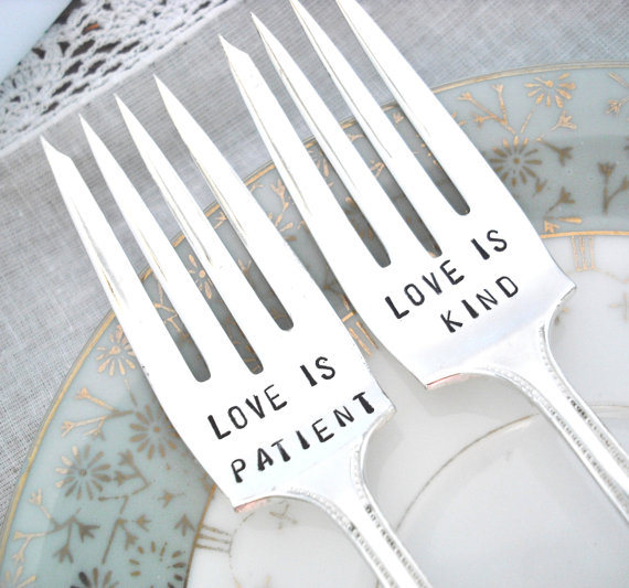 Hochzeit - Wedding Forks - LOVE IS PATIENT - Vintage Silver Plated Hand Stamped Forks - Customizable - Add Wedding Date to Handles -  Lady Helen 1924