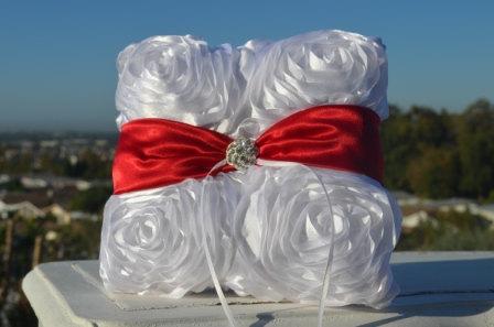 زفاف - Red and White Ring Pillow-White rosette Ring Pillow with Red sash and crystal bling center