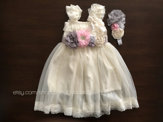 Wedding - flower girl dress, ivory flower girl dress, tulle flower girl dresses, pink and gray flower girl dress