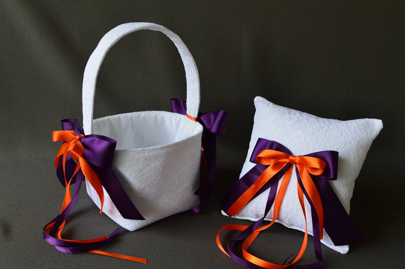 Hochzeit - Lace wedding ring pillow and flower basket set with plum purple and orange ribbon bows