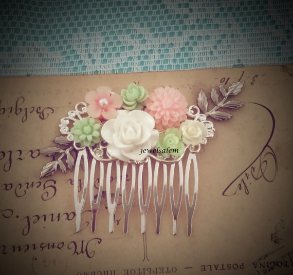 Свадьба - Pink Mint Green Hair Comb Silver Wedding Hair Accessories Floral Bridal Hair Slide Flower Pin Soft Pastel Colors Hair Pin Shabby Chic WR