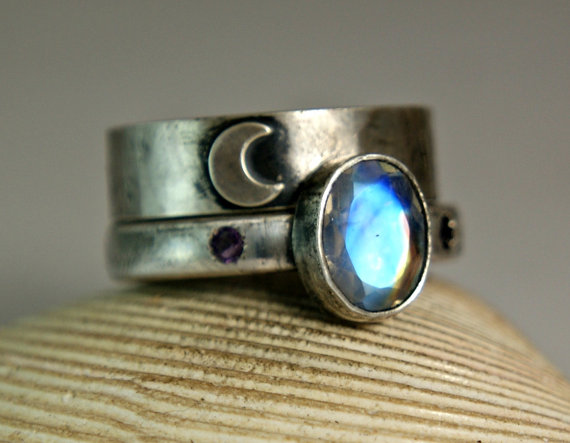 Mariage - Moonbeam, Bright Blue Rainbow Moonstone Ring, Alternative Wedding Set, Crescent Moon Jewelry, Stacker Ring, custom sized