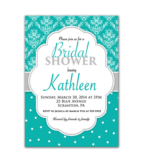 زفاف - Bridal Shower Invitation Teal and Gray Adult Party Invitation Birthday Invite Damask and Polka Dots 5x7 Printable Party Invite JPEG file 25