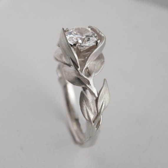 Wedding - Leaves Engagement Ring No. 7 - Platinum engagement ring, engagement ring, leaf ring, antique,art nouveau,vintage, large Diamond Ring
