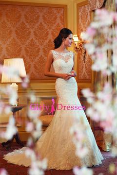 Hochzeit - 2015 Wedding Dresses Scoop Trumpet/Mermaid Chapel Train With Applique And Beads Tulle