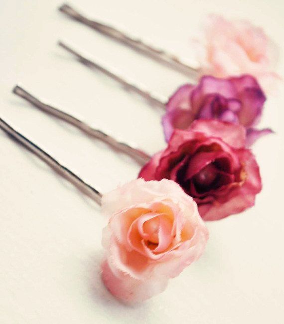 زفاف - Pink Flower Bobby Pin Set, Floral Bridal Hair Clips, Rose Bobbies - GUMDROPS
