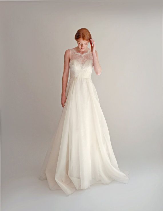 Hochzeit - Lace Illusion Bodice With Organza Skirt Wedding Gown - Janelle