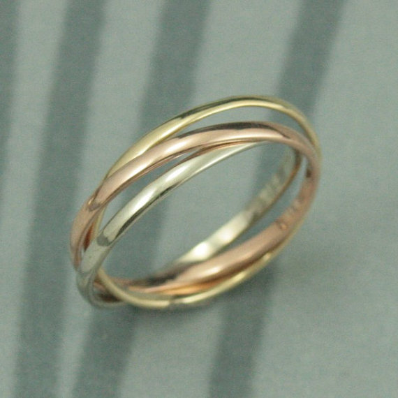Wedding - 14K Tri Color Rolling Ring--Rose, White and Yellow Gold Interlocking Ring--Three 1.5mm wide Half Round Bands--Russian Wedding Band