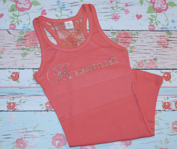 Свадьба - Bridesmaid tank top with lace. Bachelorette lace ribbed tank top. Rhinestone lace tank top. Wedding shirt. Bridesmaids shirts.